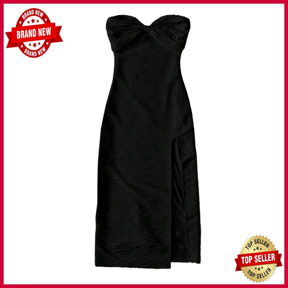 Strapless Twist Front Tube Top Bodycon Midi Dress With Slit, Polyester Spandex